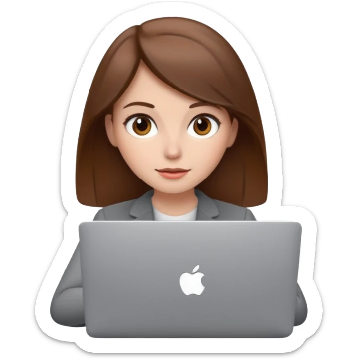 memoji of a brown hair white skin female with a grey laptop in front, apple-style, modern sticker