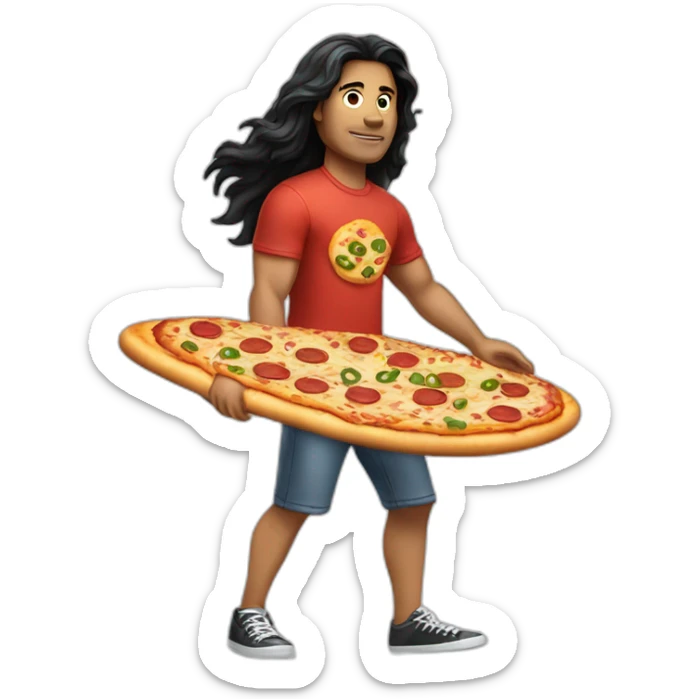 guy with long black hair in short and t-shirt surfing a pizza sticker