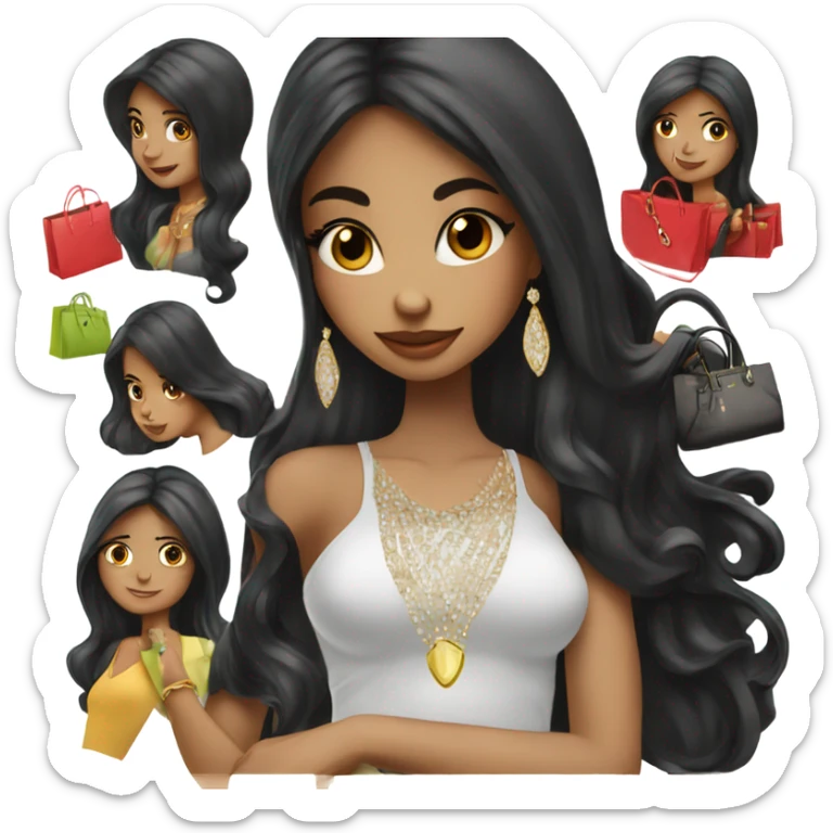 girl with long black hair with lots of designer shopping bags in her and a fat diamond engagement ring  sticker