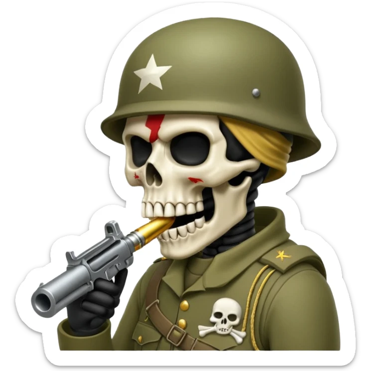 Una calavera 💀 soldado 🪖 mordiendo una bala en su boca con fondo verde  sticker