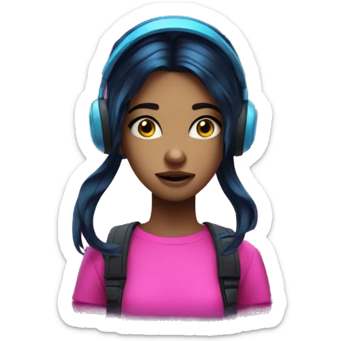Girl, dark hair, neon pink blue, music, surprised , emoji, cartoon, futuristic  sticker