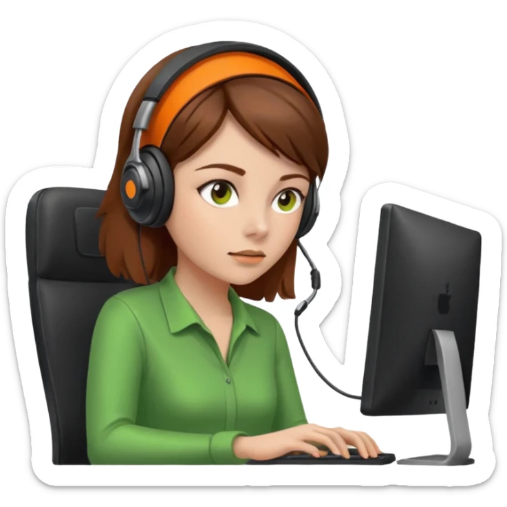 woman, brown hair, wearing a headset. she is controling limits from green, to orange, to red on the computer sticker