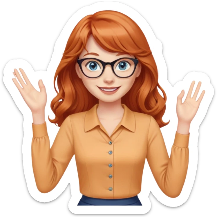 redheaded woman with very long wavy hair and bangs, blue eyes, cat-eye glasses, pencil skirt, apricot blouse, waving, smiling sticker