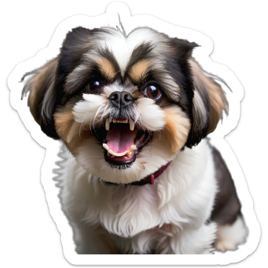 mad shih tzu dog baring teeth, fluffy fur, small dog with big eyes and angry expression sticker