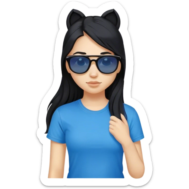 A girl with black long hair with pony, wearing black sunglasses and a blue t-shirt. sticker