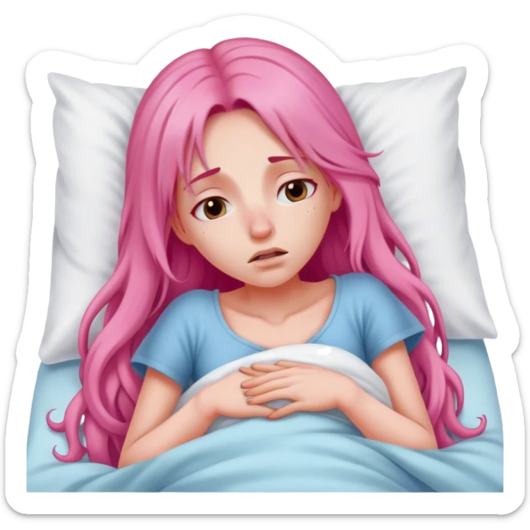 Young Woman with long pink hair In bed with sinus pain  sticker