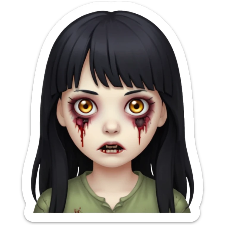 faça o emoji de uma menina zumbi de cabelos longos pretos com franja sticker