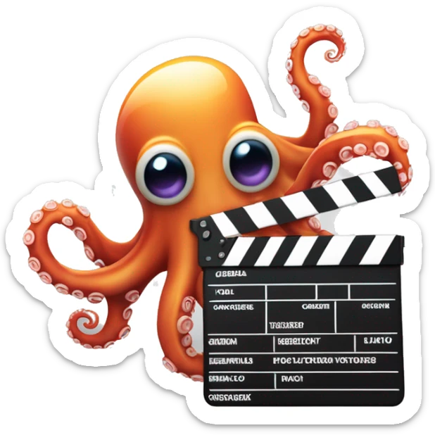 "A vibrant 3D emoji of a cheerful octopus holding a modern movie clapperboard, with dynamic tentacles symbolizing creativity and speed. The design features colorful gradients, sleek editing icons, and a semi-transparent background for versatility." sticker