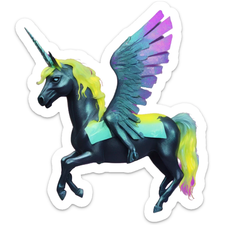 .Zombie_ Vaporwave black holographic oilslick zombie unicorn yellow caution tape graffiti Pegasus sticker