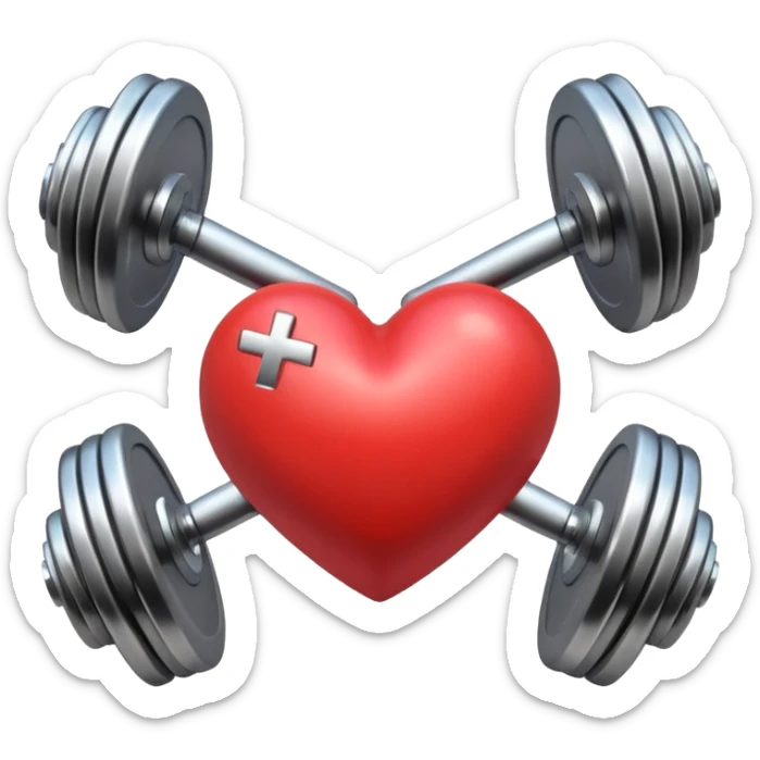heart with crossed dumbbells, fitness theme, shiny appearance, iOS 18 style sticker