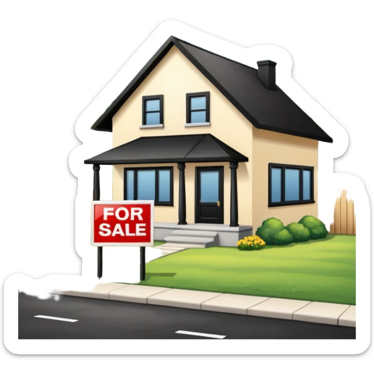 pic of house with for sale sign in yard, next to a bank sticker