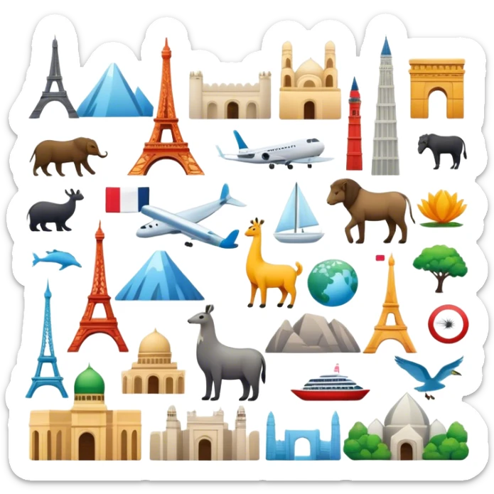 Icon for Magnet Collecting: a variety of colorful magnets with iconic landmarks, animals, and symbols from different countries, neatly arranged on a magnetic board or fridge. The icon should convey the fun and diversity of magnet collecting. Transparent background. sticker