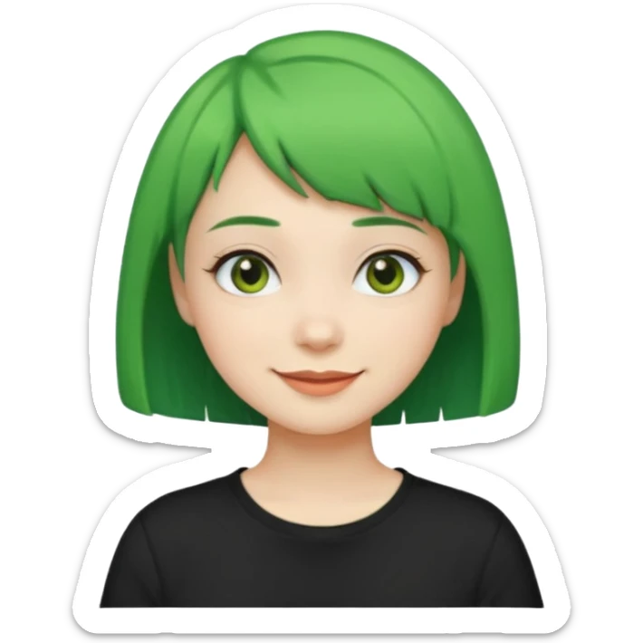 Girl with green Bob Cut – short green hair, cheerful smile, black t-shirt sticker