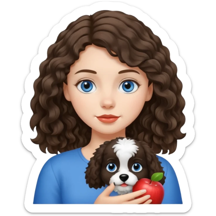 White Baltic girl with wavy brunette hair and blue eyes, holding her black and white fluffy dog, apple emoji style sticker