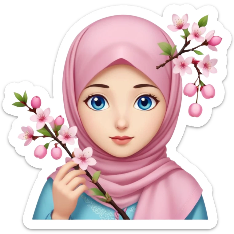 Turkish beautiful finish Konya girl blue eyes with light pink hijab islamic dress and had on her hand cherry blossom sticker