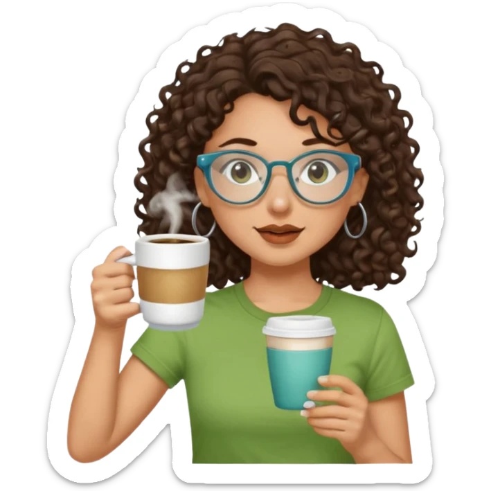 White girl with dark brown curly hair, brown eyes, sky blue glasses, nose ring, green t shirt, drinking coffee from a glass cup sticker