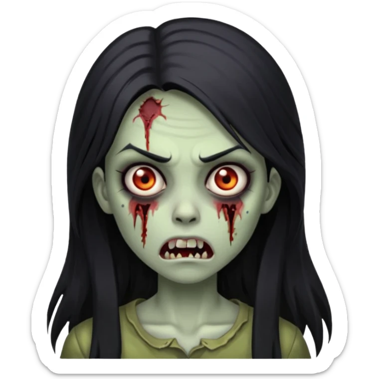Girl zombie with black long hair with teeth and serious face IOS style sticker