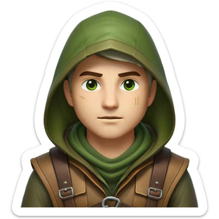Clash of Clans aesthetic friendly Ranger Portrait Emoji, With a lean, agile build clad in earth-toned leather and green accents, a keen, focused gaze and a weathered hood shadowing determined eyes, his face rendered in a natural skin tone (not yellow), Simplified yet sharply defined features, highly detailed, glowing with a soft, natural woodland radiance, high shine, intelligent and resolute, stylized with an air of forest guardian authority, focused and alert, soft glowing outline, capturing the essence of a confident ranger ready to defend the wild with stealth and valor! sticker