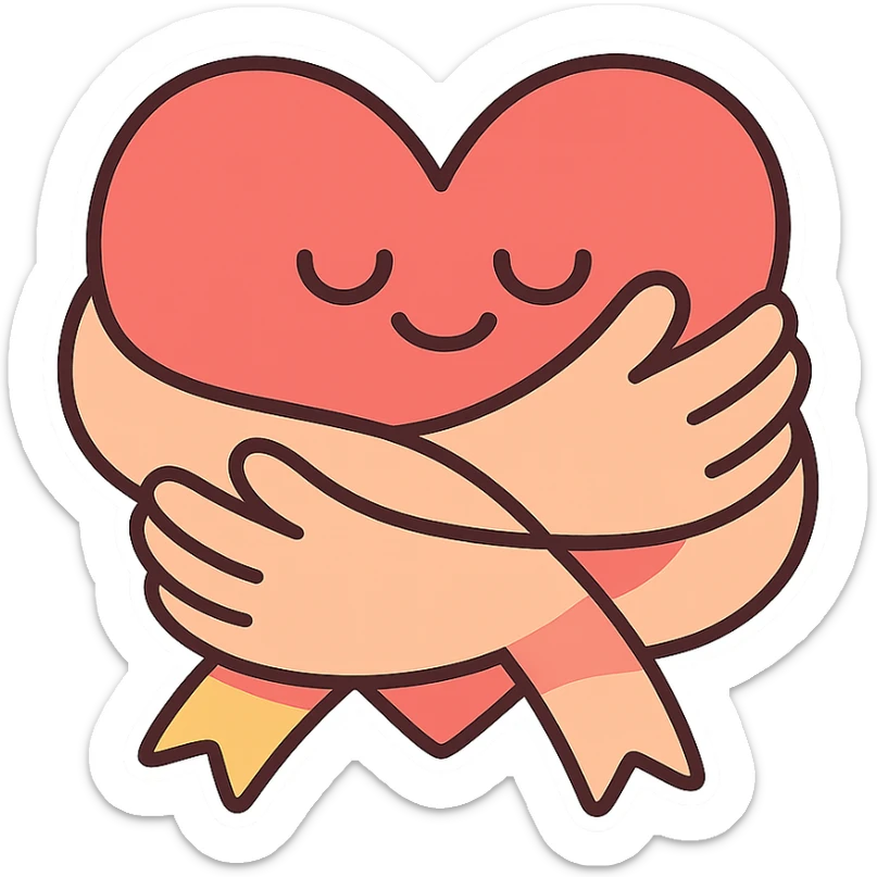 heart wrapped with soft ribbon or hands, symbol of self-care and self-acceptance, pastel toon style, clear contours, soft shadows and highlights, white outline sticker