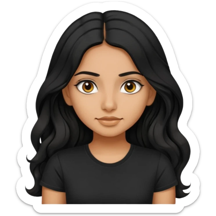 a pretty tan indian bratz girl. eyeliner on, wearing a black tshirt. wavy long BLACK coloured hair sticker