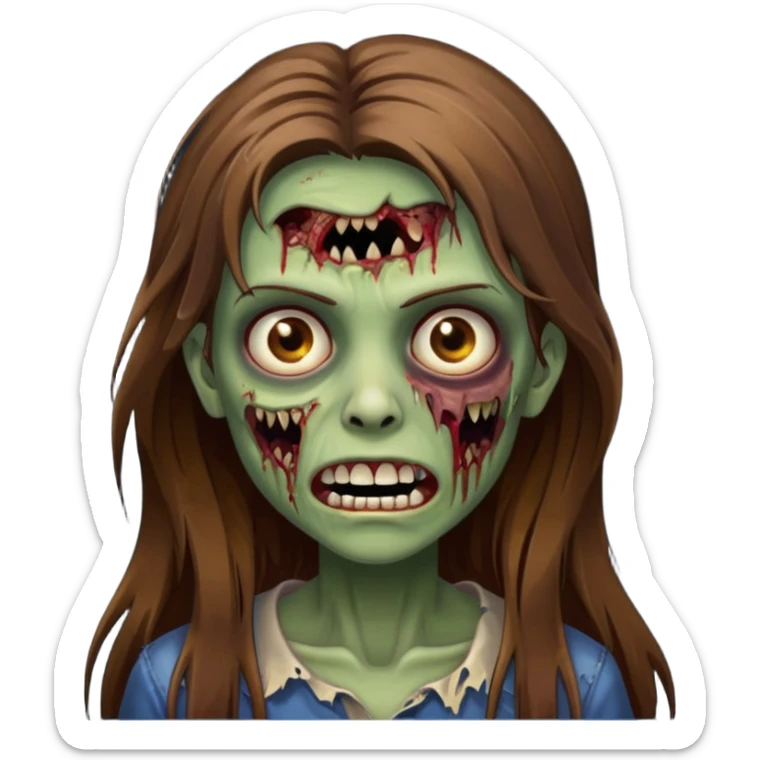Girl zombie with brown long hair with teeth and serious face IOS style sticker
