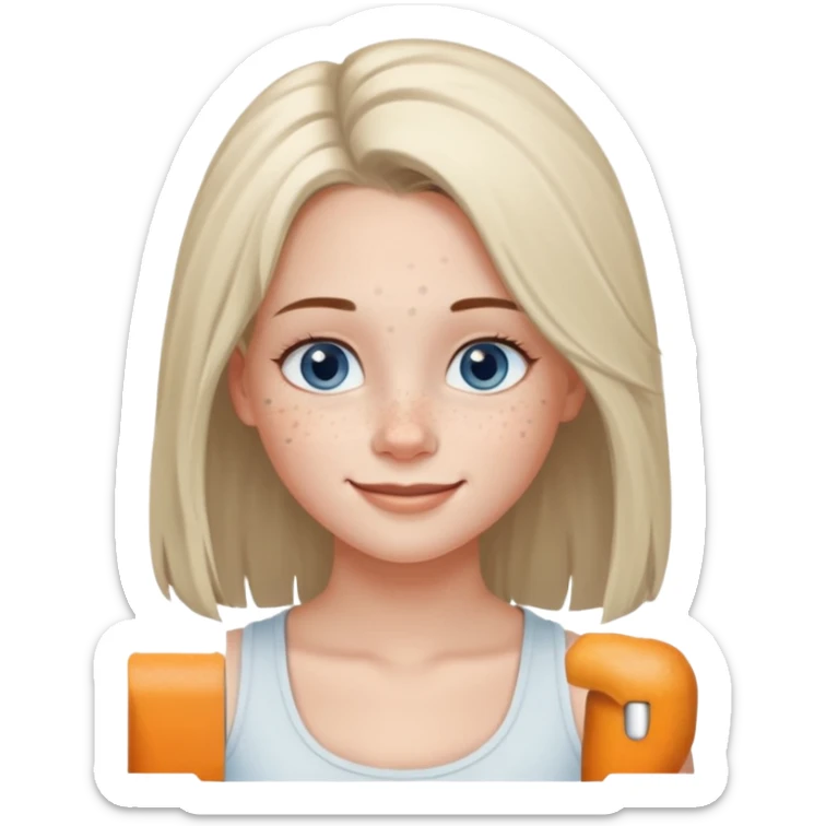 Una chica de tez blanca con pecas, nariz respingada, labios gruesos, ojos grandes color azul grisáceo, pelo largo, lacio, color avellana. Con una blusa de tirantes blanca. Que este sonriendo y q solo se vea de la cintura hacía arriba sticker