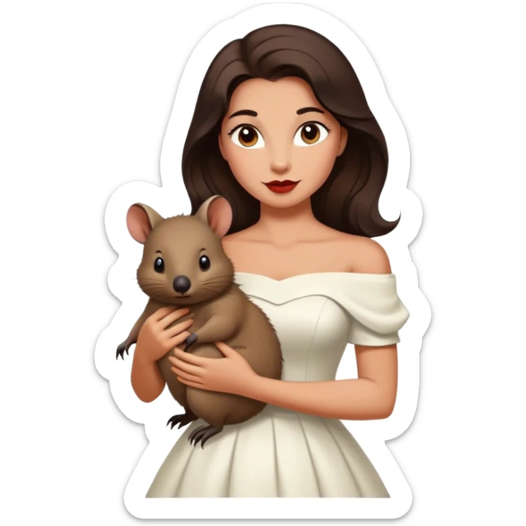 Beautiful woman in 1950’s woman fashion look, off-shoulder white dress, long dark brown hair, wombat sticker