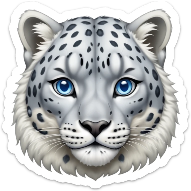 Cinematic-Noble-Snow-Leopard-Portrait-Emoji – Poised and majestic, with a muscular, agile build and a beautifully patterned coat of soft white and grey fur, marked with striking rosettes, deep-set, intelligent icy blue eyes, simplified yet sharp and sophisticated. sticker