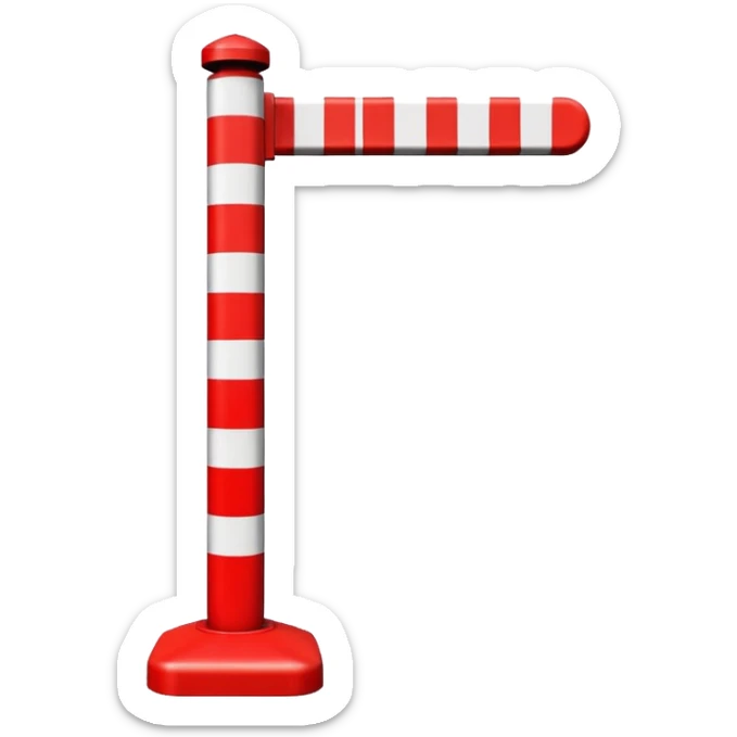Flat emoji-style icon of a parking barrier gate (boom barrier).
Red and white striped horizontal arm, raised at a slight angle.
Simple geometric shapes, clean vector design.
No text, no background, transparent or plain background.
Bright colors, high contrast.
Centered object, minimal details. sticker