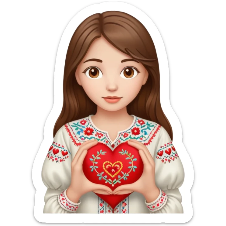 A beautiful young girl with brown hair in a Ukrainian embroidered shirt is holding a large embroidered heart sticker