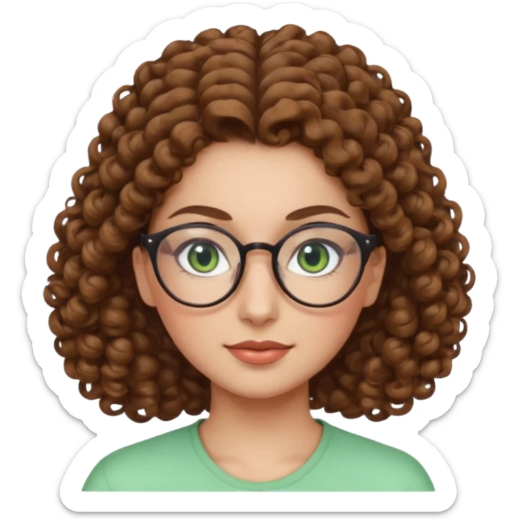 iranian woman, tight curly light brown hair in pony tail, glasses, green eyes, pretty, oval shape face sticker