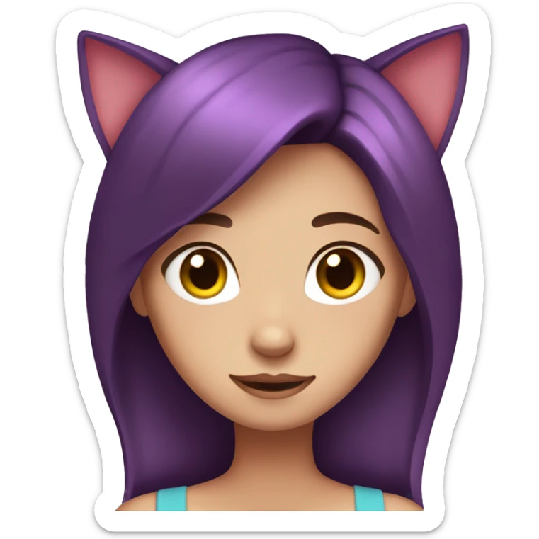 Girl blushing, dark brown red hair, purple eyes, with cat ears sticker