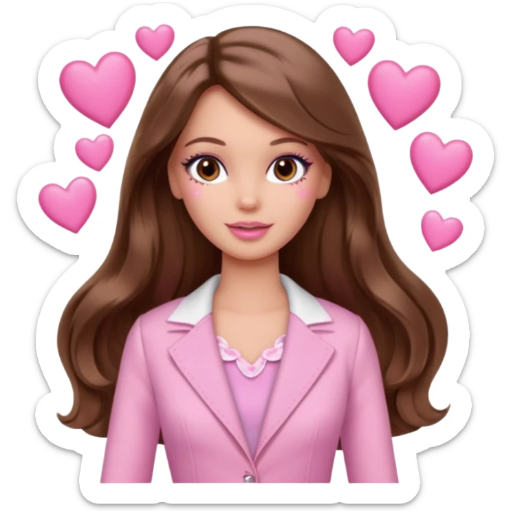 Barbie girl and  makeup , brown long straight wavy hair and brown eyes is In pale pink clothes There are pink hearts all around sticker