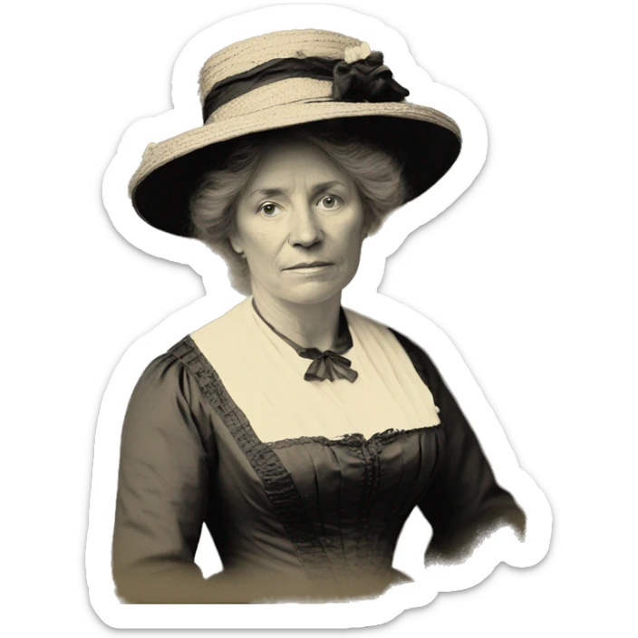 black and white photo of middle-aged women in 19th century. wearing dress. Long, blond hair. full body in picture. wearing hat. sticker