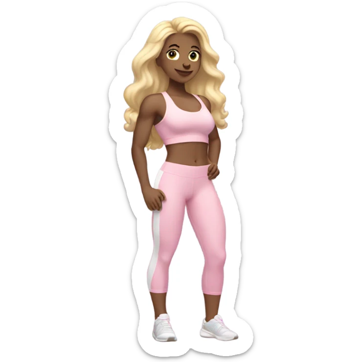White woman, white skin, long hair, blonde hair, wavy hair, baby pink sports bra, baby pink leggings, flexing one arm sticker