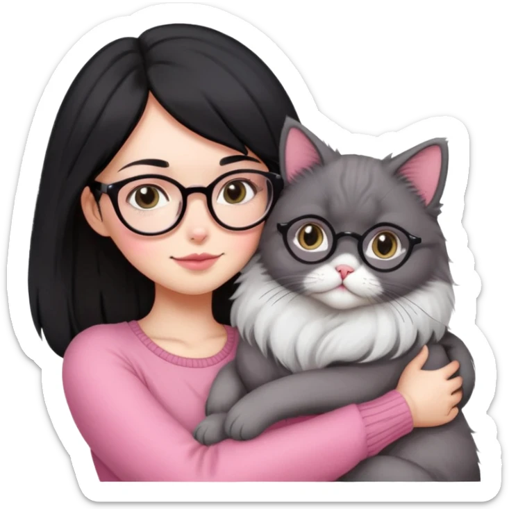 Beautiful skinny woman medium black hair with oval glasses in pink outfit hug persian-angora grey cat sticker