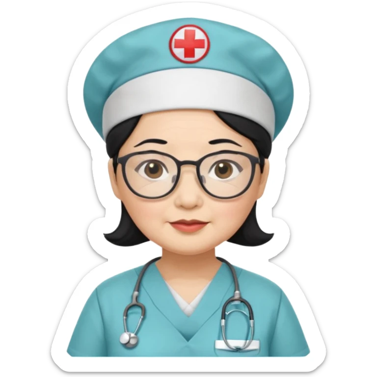 OLD ASIAN WOMAN WITH GLASSES, NURSE SCRUBS, CAP, BLACK HAIR, CHUBBY sticker