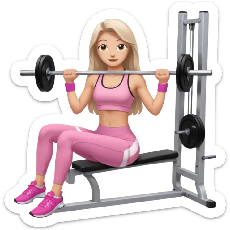 happy pretty white brunette teen long hair with hazel eyes in light pink workout clothes doing a smith machine hip thrust sticker