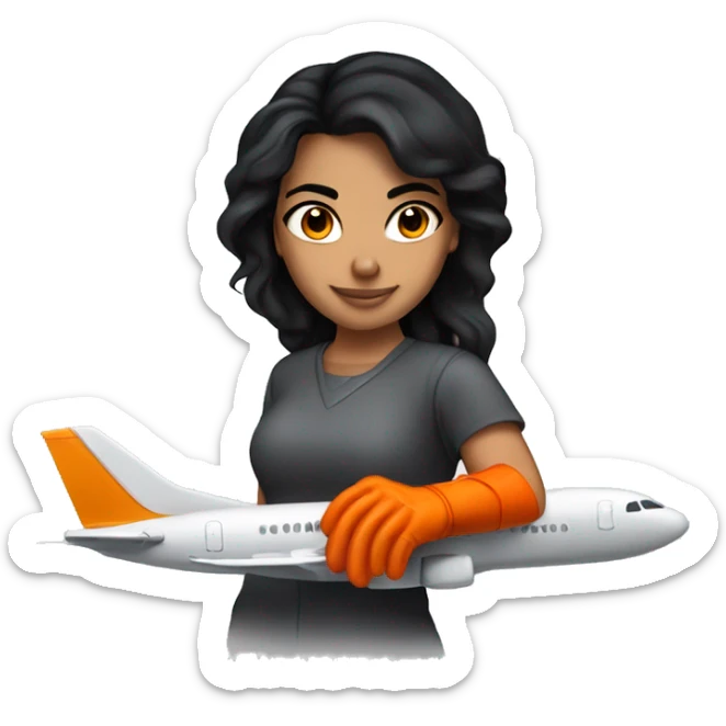 Hispanic girl with black hair & orange gloves working on airplane blade sticker