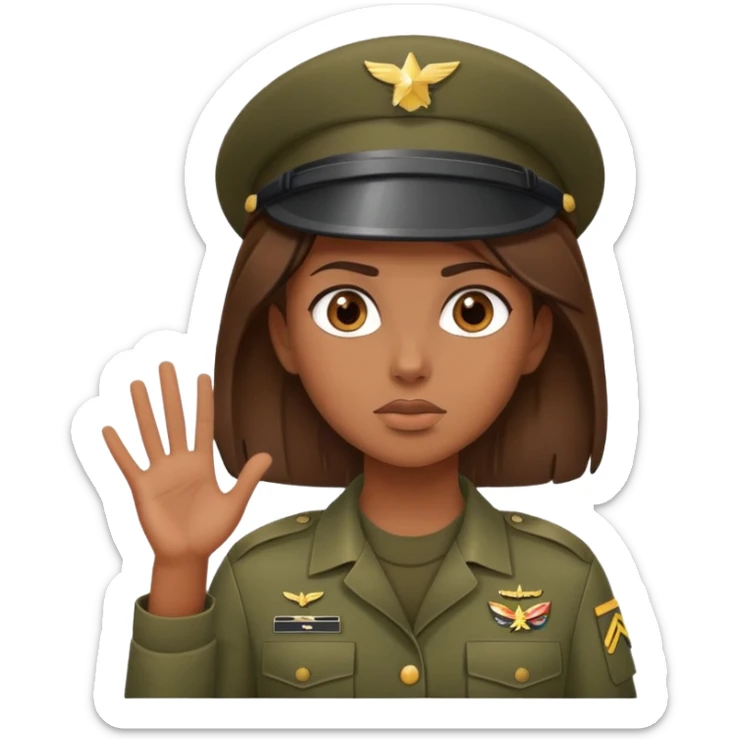 brown-skinned girl in army attire with brown hair, shrugging sticker