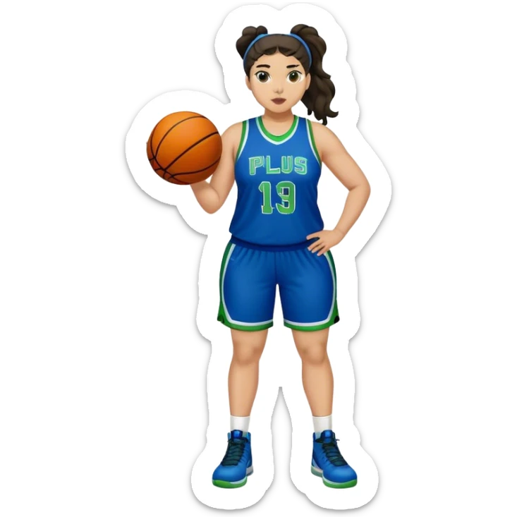 full body plus size light skin latino women basketball player with wavy dark hair in pony tail wide nose wearing blue uniform with green accent sticker