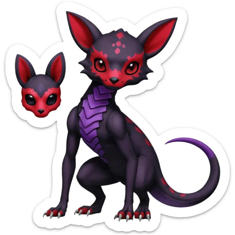 Gothic Black red purple Scaley Exotic Salandit-Umbreon-Noibat-Fakémon-hybrid-creature (full body), 4 legs, white skull face mask sticker