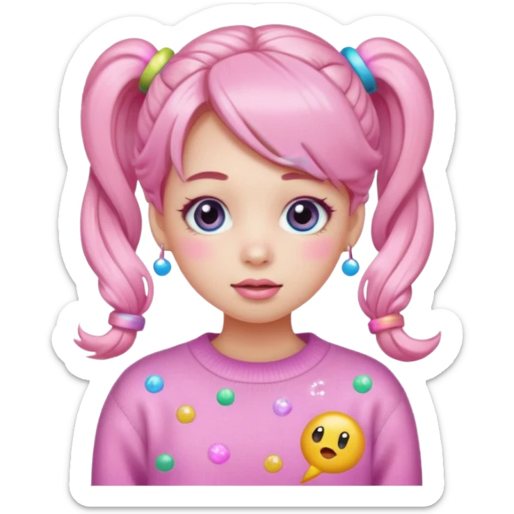 “Emoji girl, pastel pink blush, sparkly wide eyes, glossy bubblegum lips, hair in cute pigtails with colorful clips, wearing oversized pastel sweater.” sticker