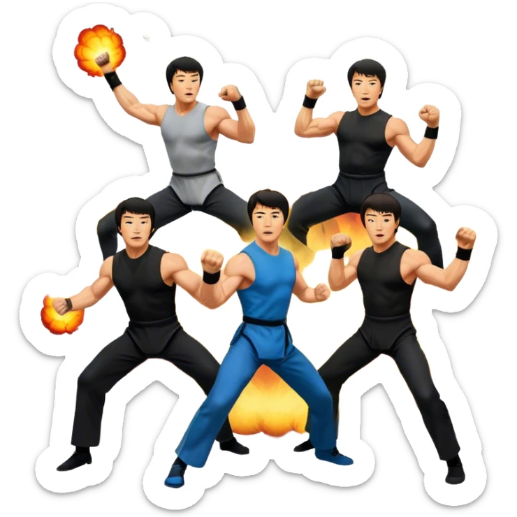 Icon for Action Movies: Collage of Arnold Schwarzenegger, Sylvester Stallone, Bruce Lee, and Jackie Chan in iconic action poses, surrounded by explosions, weapons, and martial arts moves. The design should capture the high-energy, dynamic nature of their films. Transparent background. sticker