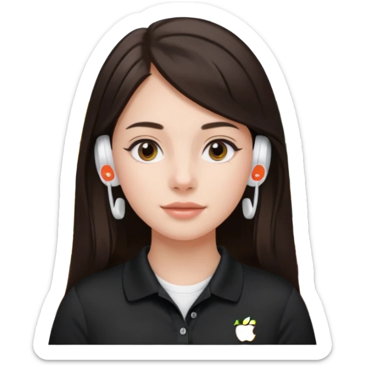 Girl with long dark brown hair with airpods wearing a black wegmans grocery store polo sticker