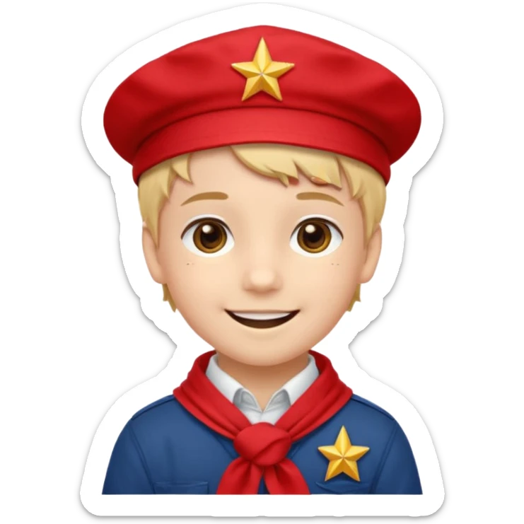 A Soviet pioneer emoji — smiling young boy wearing a bright red tie (pioneer neckerchief) and a red pilotka cap with a small gold star badge. White shirt, neat and cheerful, minimal flat emoji style, simple colors, clear outlines, professional emoji design. sticker