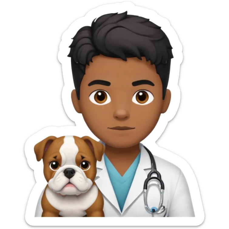 joven médico con el pelo un poco largo pero no tanto y lacio, que tenga un estetoscopio de color de piel tez negra calida !!! que sostiene un bulldog francés blanco sticker