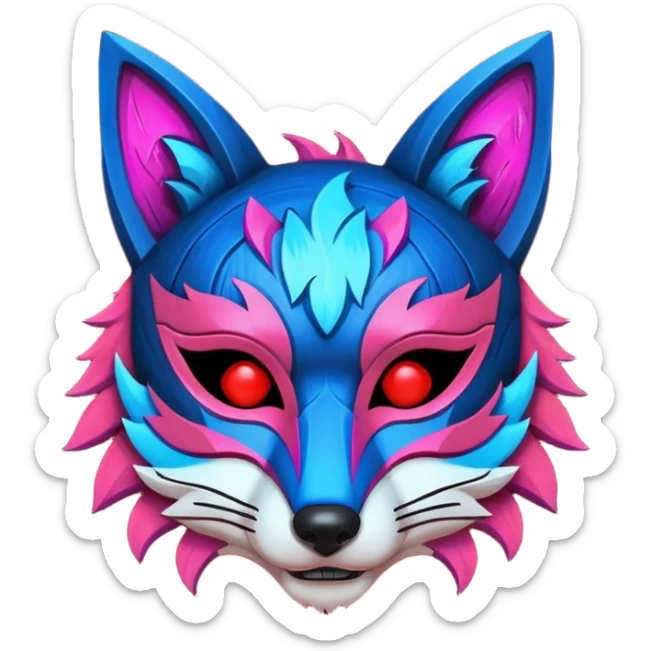 Ancient wooden mask, broken in half, luminous and neon with red, blue, and pink fox-like glow. Fragments of the mask scattered around. sticker