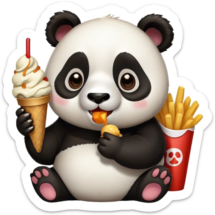 Panda eating ice cream and fries and fried chicken with burgers  sticker
