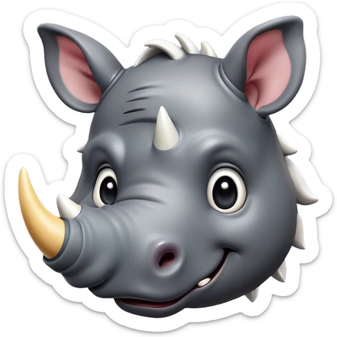 Cinematic Cute Rhinoceros Portrait Emoji, Head tilted playfully and inquisitively, featuring a rugged, glossy slate-gray hide with a gentle, rounded white horn and round, sparkling eyes filled with curious wonder, Simplified yet irresistibly adorable features, highly detailed, glowing with a warm, friendly glow, high shine, affectionate and mighty, stylized with a touch of ancient charm, bright and endearing, soft glowing outline, capturing the essence of a mischievous yet loving rhinoceros, so playful it feels like it could stomp out of the screen and into your arms! sticker
